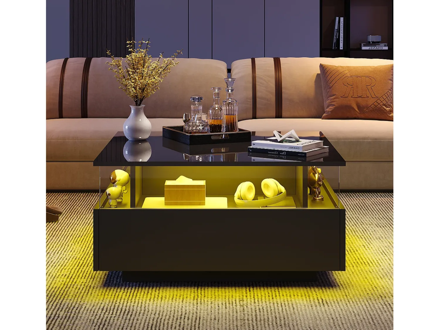 Mesa De Centro|Merax Mesa de centro moderna com 2 gavetas e espaço transparente - 70 x 70 x 41 cm - LEDs - Aglomerado - brilhante Preto