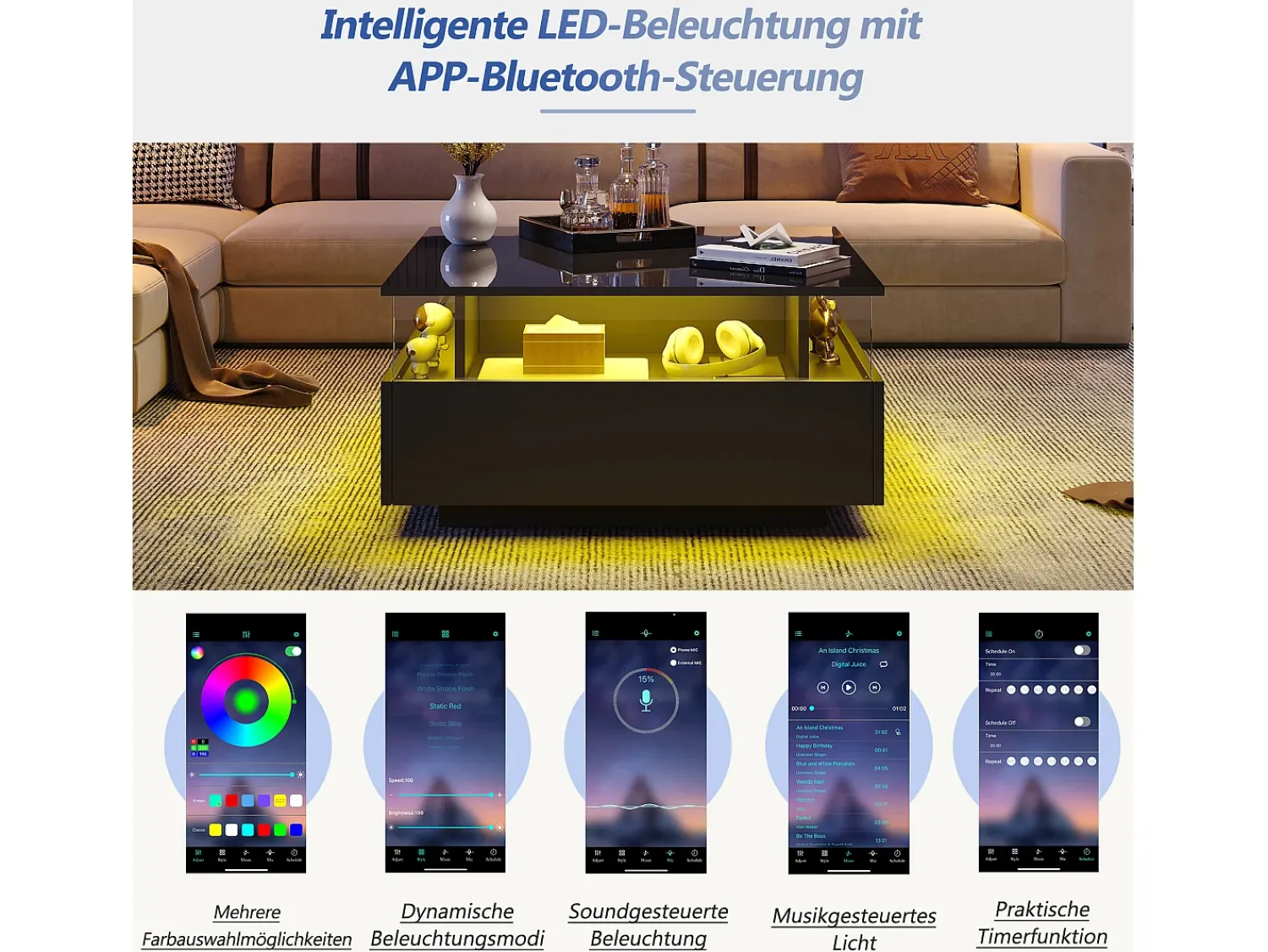 Mesa De Centro|Merax Mesa de centro moderna com 2 gavetas e espaço transparente - 70 x 70 x 41 cm - LEDs - Aglomerado - brilhante Preto