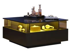 Mesa De Centro|Merax Mesa de centro moderna com 2 gavetas e espaço transparente - 70 x 70 x 41 cm - LEDs - Aglomerado - brilhante Preto