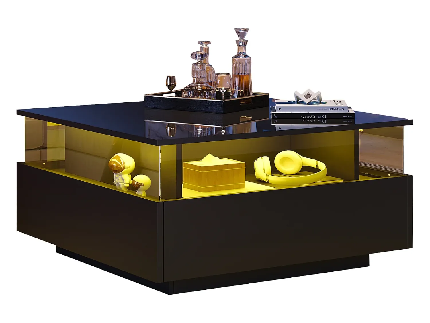 Mesa De Centro|Merax Mesa de centro moderna com 2 gavetas e espaço transparente - 70 x 70 x 41 cm - LEDs - Aglomerado - brilhante Preto