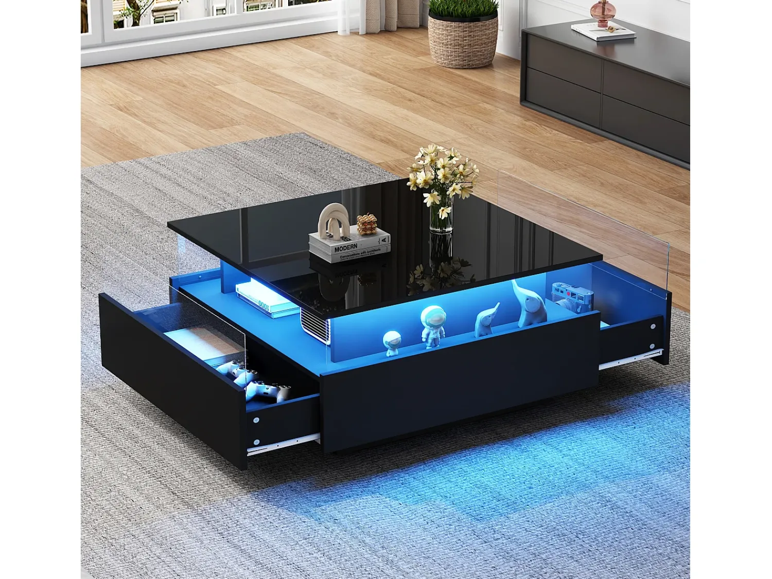 Mesa De Centro|Merax Mesa de centro moderna com 2 gavetas e espaço transparente - 70 x 70 x 41 cm - LEDs - Aglomerado - brilhante Preto