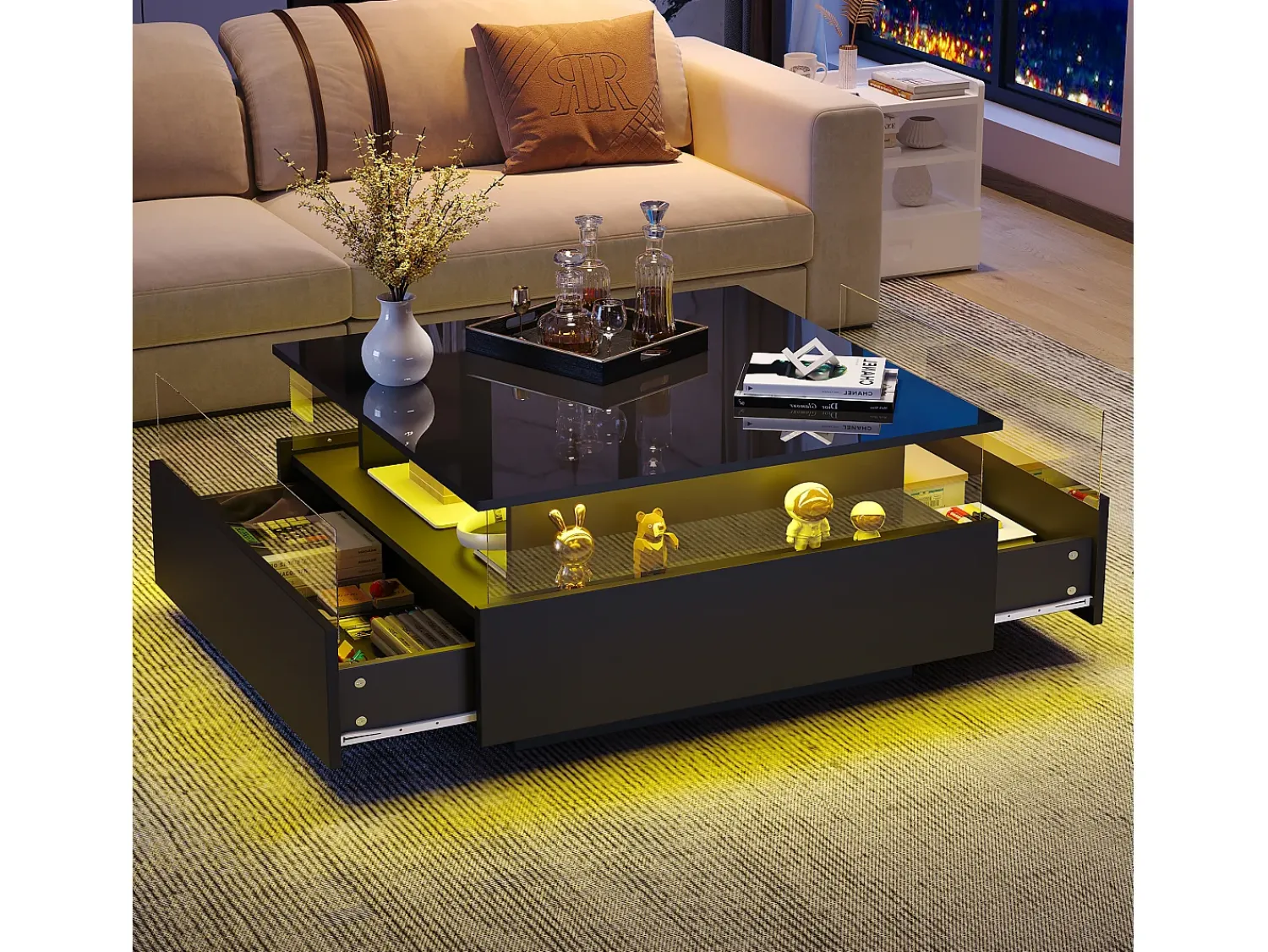 Mesa De Centro|Merax Mesa de centro moderna com 2 gavetas e espaço transparente - 70 x 70 x 41 cm - LEDs - Aglomerado - brilhante Preto