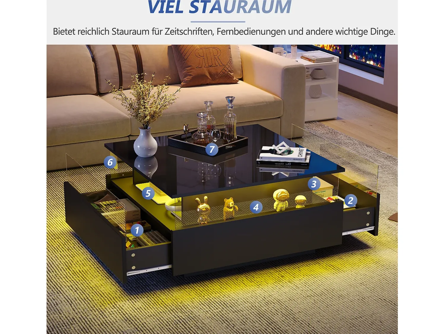 Mesa De Centro|Merax Mesa de centro moderna com 2 gavetas e espaço transparente - 70 x 70 x 41 cm - LEDs - Aglomerado - brilhante Preto
