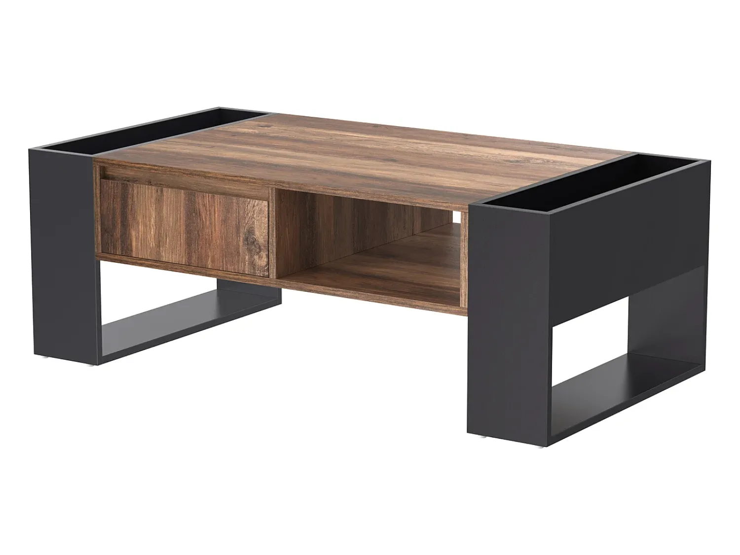 Mesa De Centro|Hauss Spole Mesa de centro moderna com gaveta e compartimentos de armazenamento, madeira natural, cinza- Preto