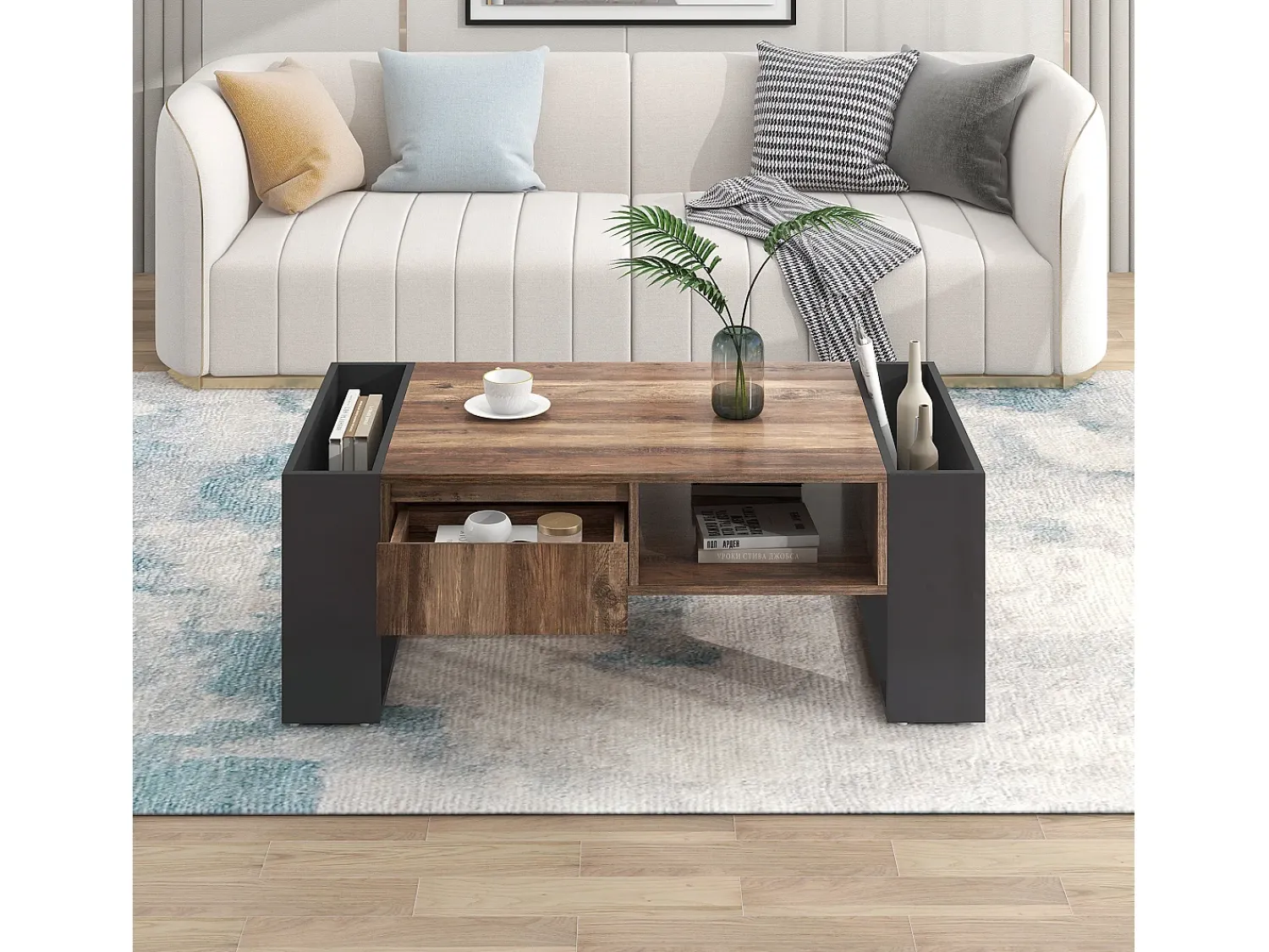 Mesa De Centro|Hauss Spole Mesa de centro moderna com gaveta e compartimentos de armazenamento, madeira natural, cinza- Preto