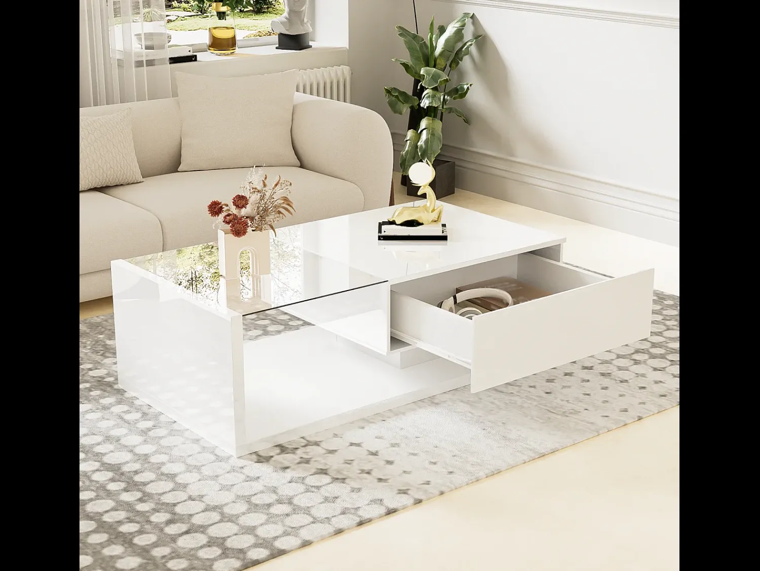 Mesa De Centro| Mesa de centro moderna com LED, em vidro e madeira, com gaveta grande, para sala de estar, 105 x 55 x 32,5 cm Branco