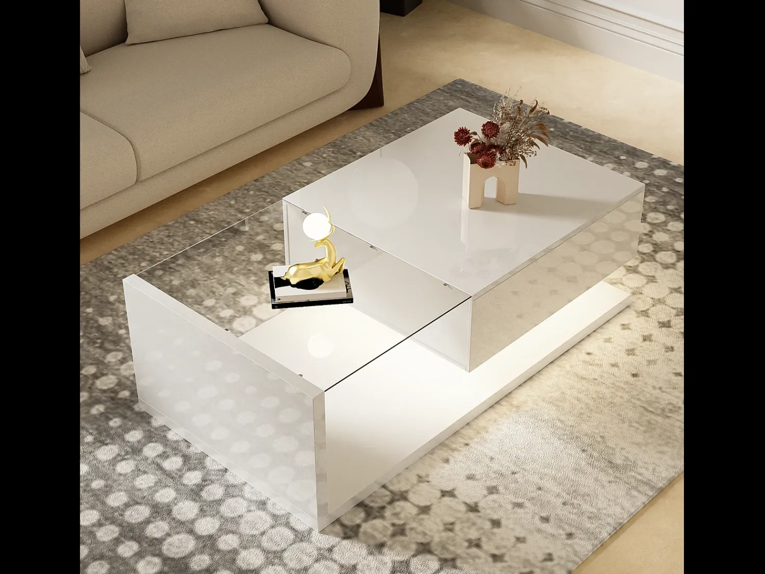 Mesa De Centro| Mesa de centro moderna com LED, em vidro e madeira, com gaveta grande, para sala de estar, 105 x 55 x 32,5 cm Branco