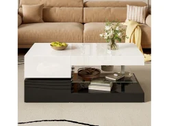 Mesa De Centro* Mesa de centro moderna com iluminação LED, prateleira de vidro e design em preto e . Branco