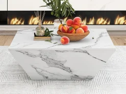 Merax Mesa de centro moderna de tambor, Mesa de sala em folheado de mármore , 2 gavetas, madeira MDF, 70 x 70 x 37cm^ Mesa De Centro