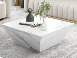 Merax Mesa de centro moderna de tambor, Mesa de sala em folheado de mármore , 2 gavetas, madeira MDF, 70 x 70 x 37cm^ Mesa De Centro