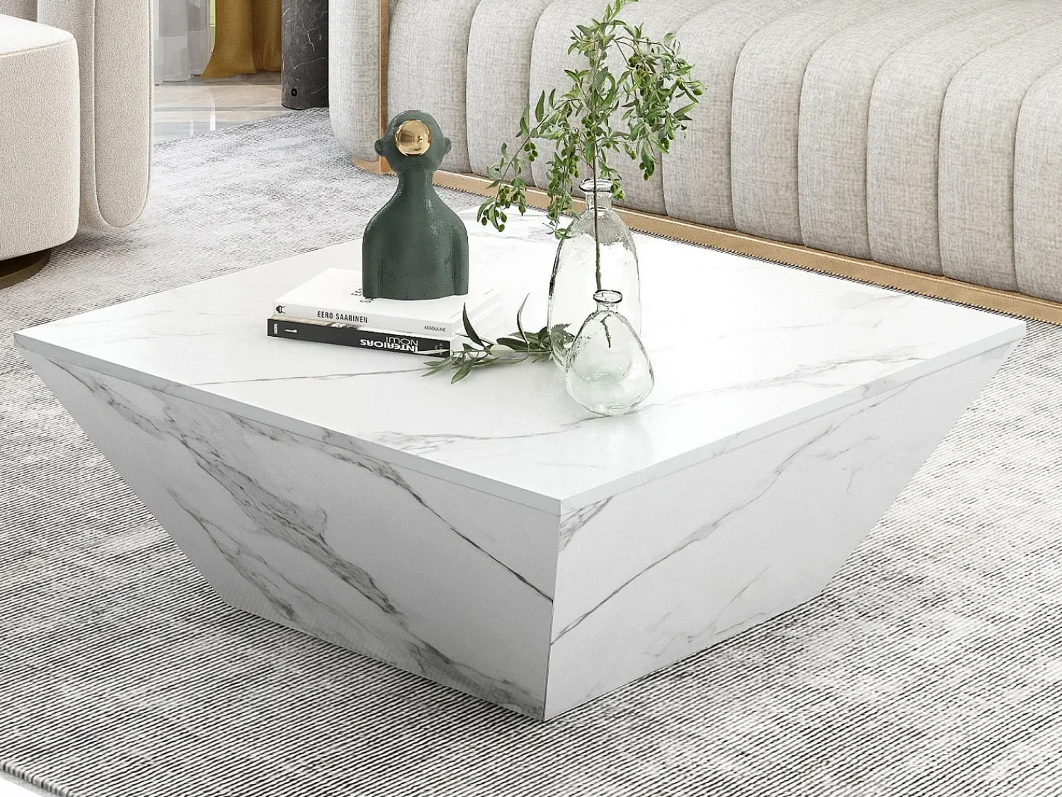 Merax Mesa de centro moderna de tambor, Mesa de sala em folheado de mármore , 2 gavetas, madeira MDF, 70 x 70 x 37cm^ Mesa De Centro