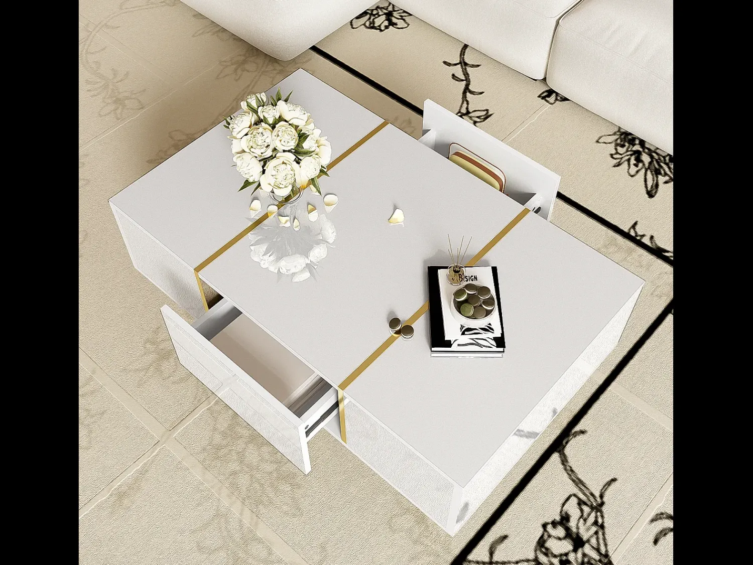 Mesa De Centro| Mesa de centro moderna e elegante, laqueada em , com 2 gavetas, ideal para uma sala de estar contemporânea. Branco