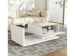 Discount ModernLuxe Mesa de centro moderna em vidro com iluminação LED - painéis de partículas - Branco