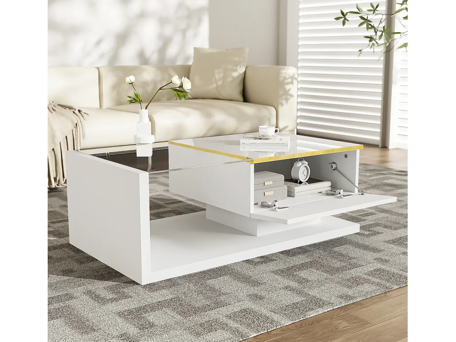 Discount ModernLuxe Mesa de centro moderna em vidro com iluminação LED - painéis de partículas - Branco