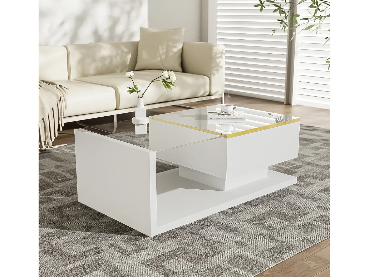 Discount ModernLuxe Mesa de centro moderna em vidro com iluminação LED - painéis de partículas - Branco