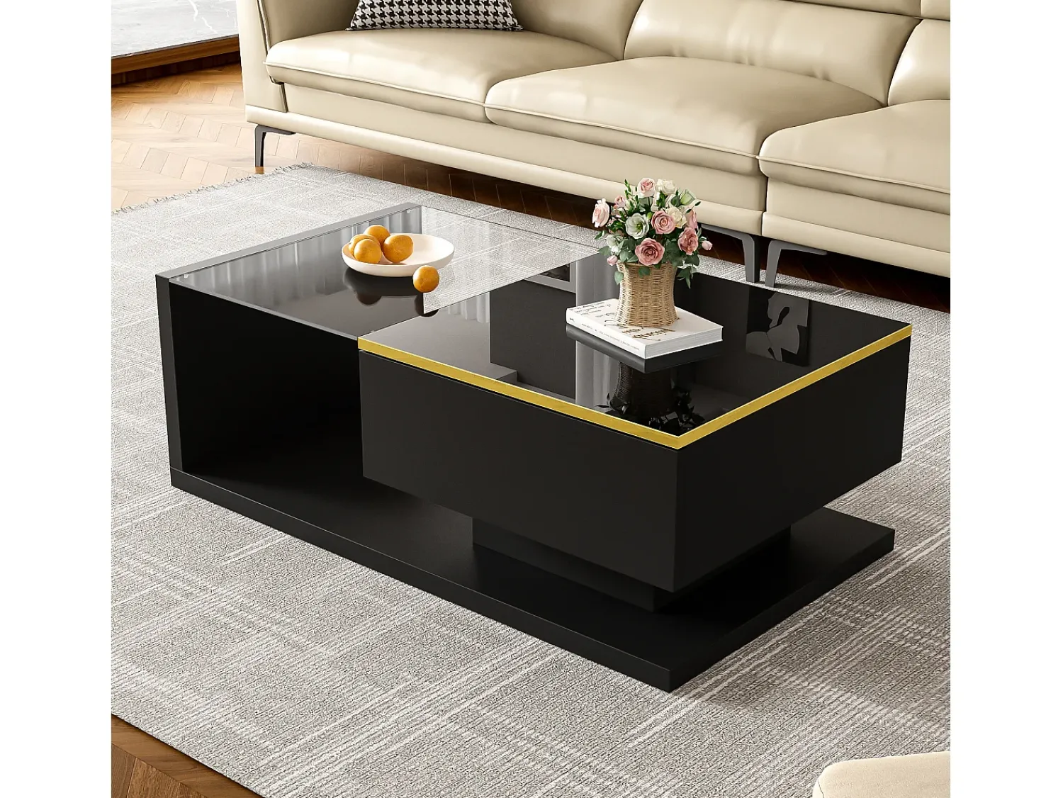 Mesa De Centro|ModernLuxe Mesa de centro moderna em vidro com iluminação LED - painéis de partículas - Preto
