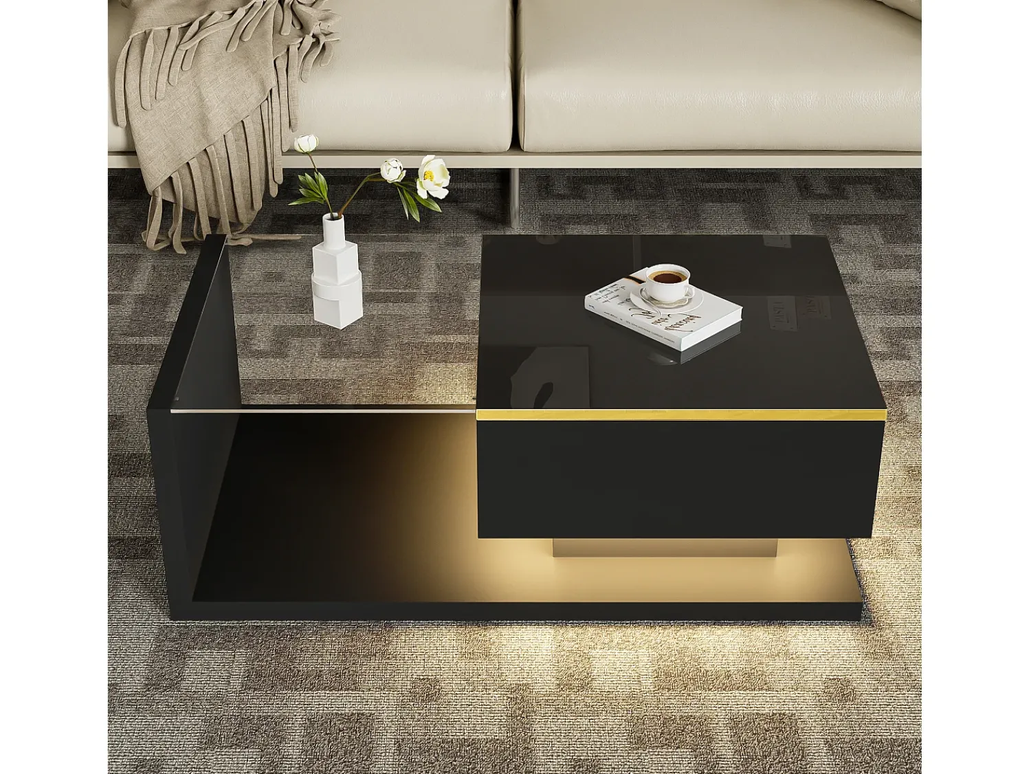 Mesa De Centro|ModernLuxe Mesa de centro moderna em vidro com iluminação LED - painéis de partículas - Preto