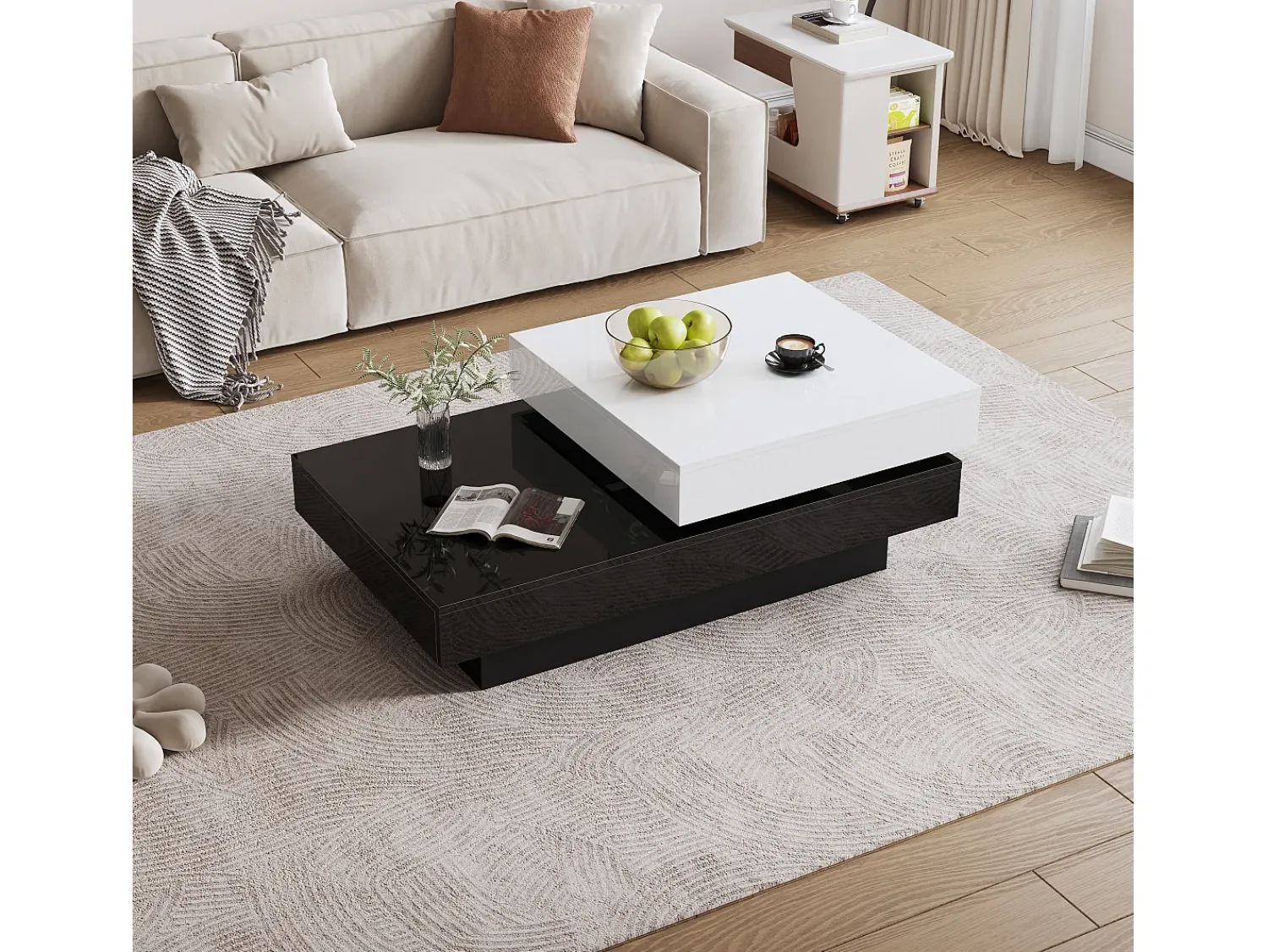 Mesa De Centro|ModernLuxe Mesa de centro moderna minimalista brilhante 103 x 60 x 35.5 cm - Tampos giratórios - Armazenamento aberto - Preto e branco Preto / Branco