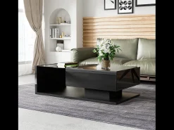 Mesa De Centro| Mesa de centro moderna para sala de estar com 1 gaveta e iluminação LED, tampo de vidro, preta. Preto