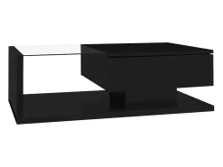 Mesa De Centro| Mesa de centro moderna para sala de estar com 1 gaveta e iluminação LED, tampo de vidro, preta. Preto
