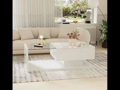New Mesa de centro moderna para sala de estar com 1 gaveta e iluminação LED, tampo de vidro, branca. Branco