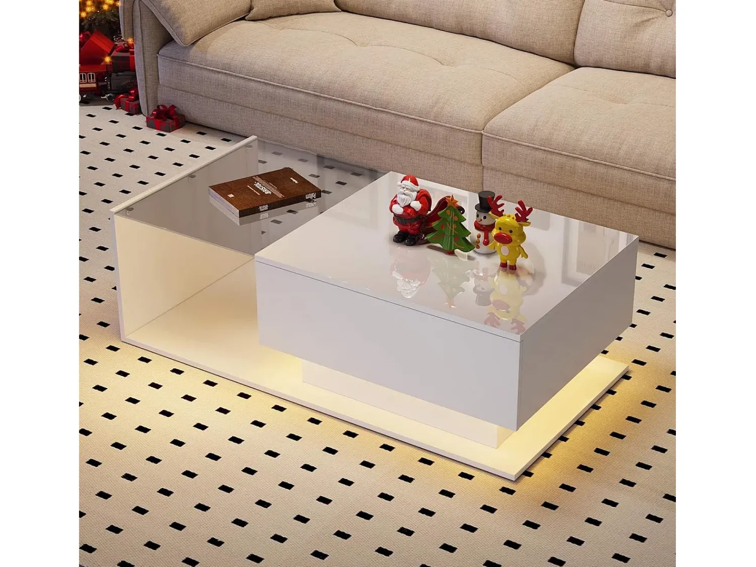 New Mesa de centro moderna para sala de estar com 1 gaveta e iluminação LED, tampo de vidro, branca. Branco