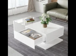 New Mesa de centro moderna para sala de estar com 1 gaveta e iluminação LED, tampo de vidro, branca. Branco