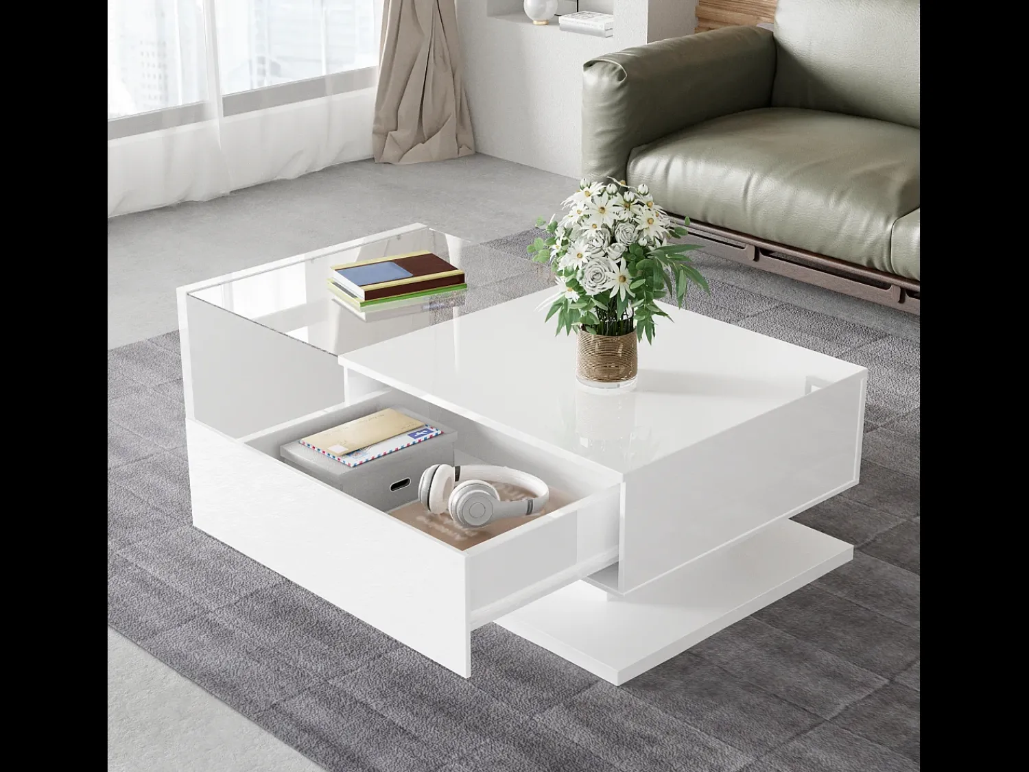 New Mesa de centro moderna para sala de estar com 1 gaveta e iluminação LED, tampo de vidro, branca. Branco