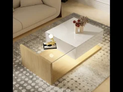 Mesa De Centro| Mesa de centro moderna para sala de estar com 1 gaveta e iluminação LED, tampo de vidro, cor madeira. Branco