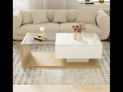 Mesa De Centro| Mesa de centro moderna para sala de estar com 1 gaveta e iluminação LED, tampo de vidro, cor madeira. Branco