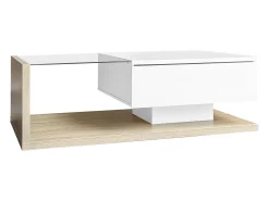 Mesa De Centro| Mesa de centro moderna para sala de estar com 1 gaveta e iluminação LED, tampo de vidro, cor madeira. Branco