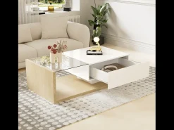 Mesa De Centro| Mesa de centro moderna para sala de estar com 1 gaveta e iluminação LED, tampo de vidro, cor madeira. Branco