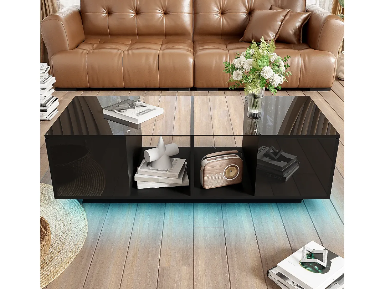 Mesa De Centro* Mesa de centro moderna preta com iluminação LED, duas portas de armário e amplo espaço de armazenamento. Preto