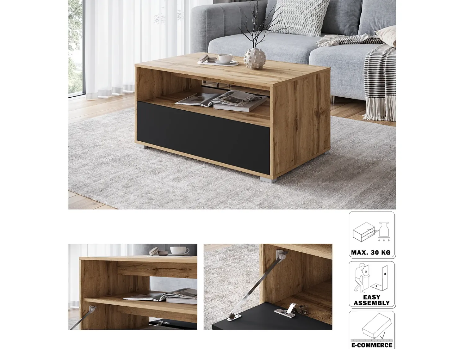 Mesa De Centro* Mesa de centro moderna retangular com prateleira e compartimento, 90 cm, carvalho wotan, preto mate Natural escuro