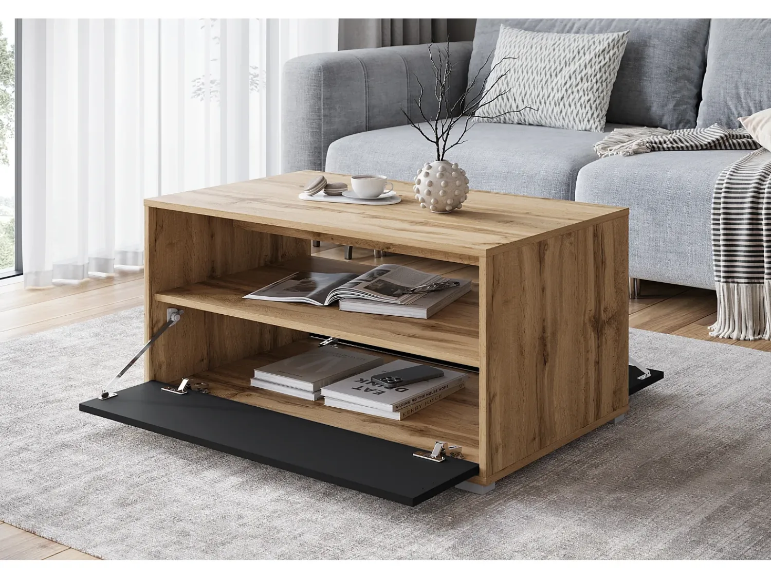 Mesa De Centro* Mesa de centro moderna retangular com prateleira e compartimento, 90 cm, carvalho wotan, preto mate Natural escuro