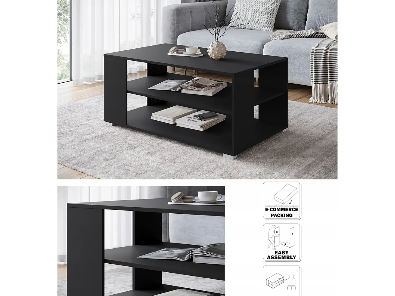 Mesa De Centro| Mesa de centro moderna retangular simples com 2 prateleiras, 100 cm, preto mate Natural escuro