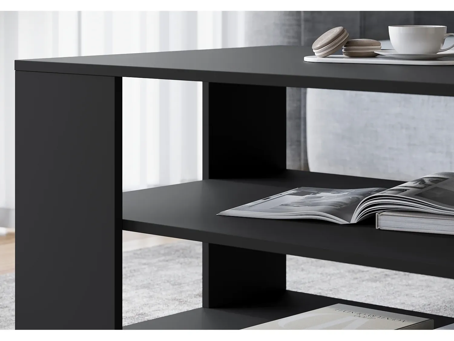 Mesa De Centro| Mesa de centro moderna retangular simples com 2 prateleiras, 100 cm, preto mate Natural escuro