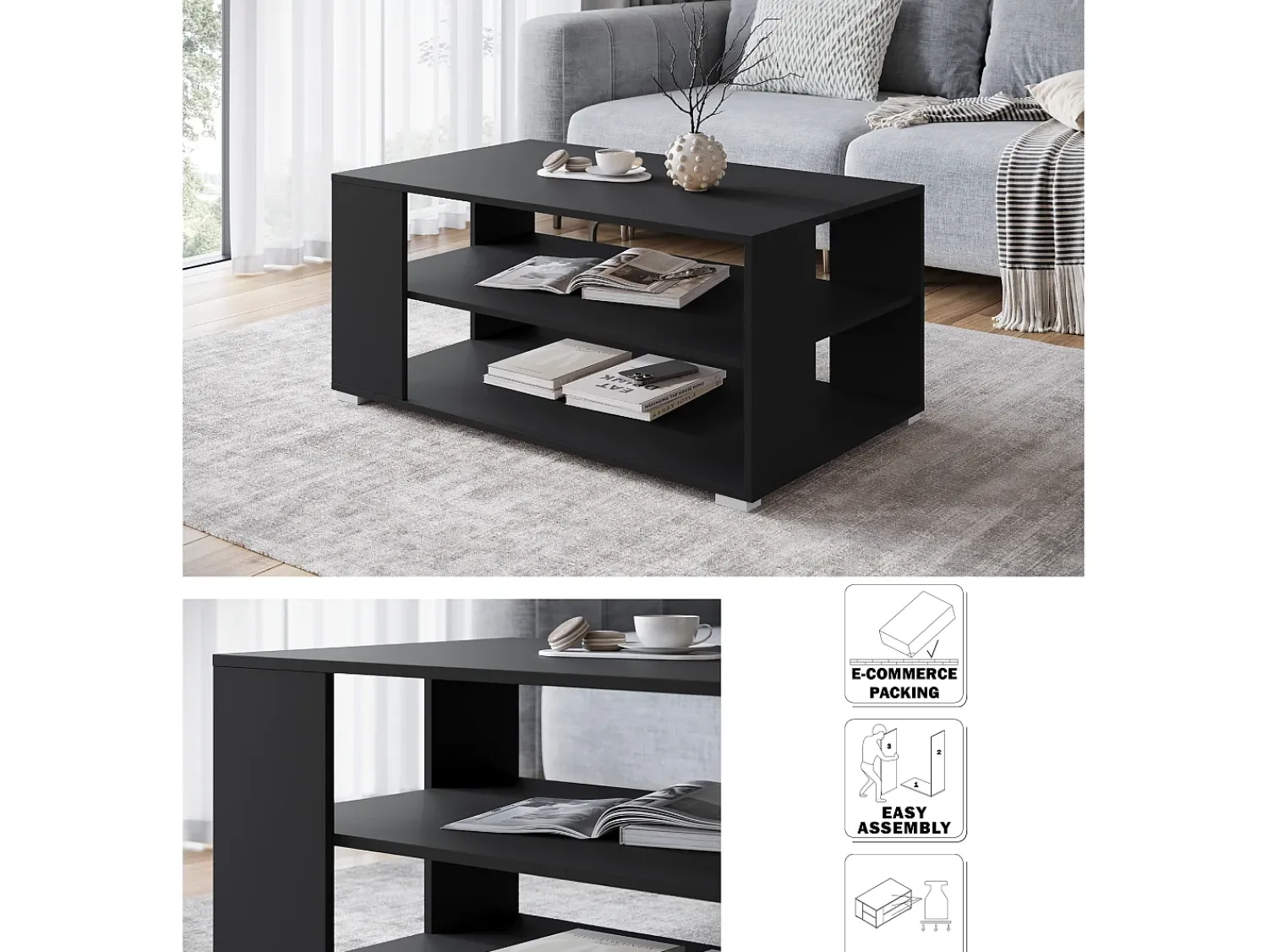 Mesa De Centro| Mesa de centro moderna retangular simples com 2 prateleiras, 100 cm, preto mate Natural escuro
