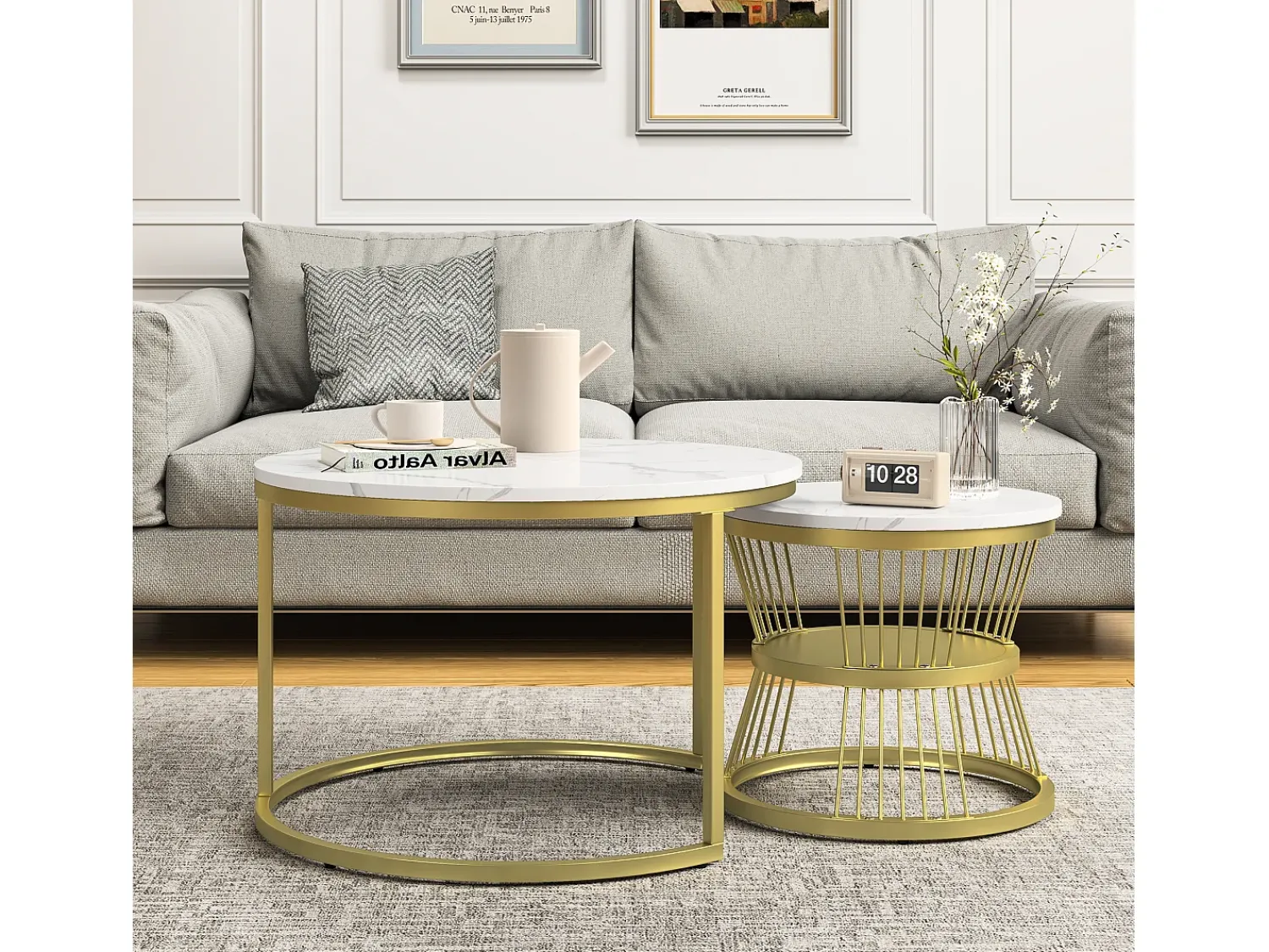 Mesa De Centro* Mesa de centro moderna redonda encaixável - Estrutura em metal, Mesa grande: 70 x 45 cm, Mesa pequena: 45 x 40 cm - Dourado Amarelo