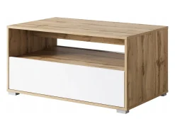 Mesa De Centro| Mesa de centro moderna retangular com prateleira e compartimento, 90 cm, carvalho wotan, branco mate Natural escuro