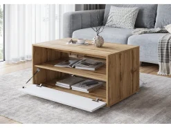 Mesa De Centro| Mesa de centro moderna retangular com prateleira e compartimento, 90 cm, carvalho wotan, branco mate Natural escuro