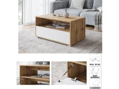 Mesa De Centro| Mesa de centro moderna retangular com prateleira e compartimento, 90 cm, carvalho wotan, branco mate Natural escuro