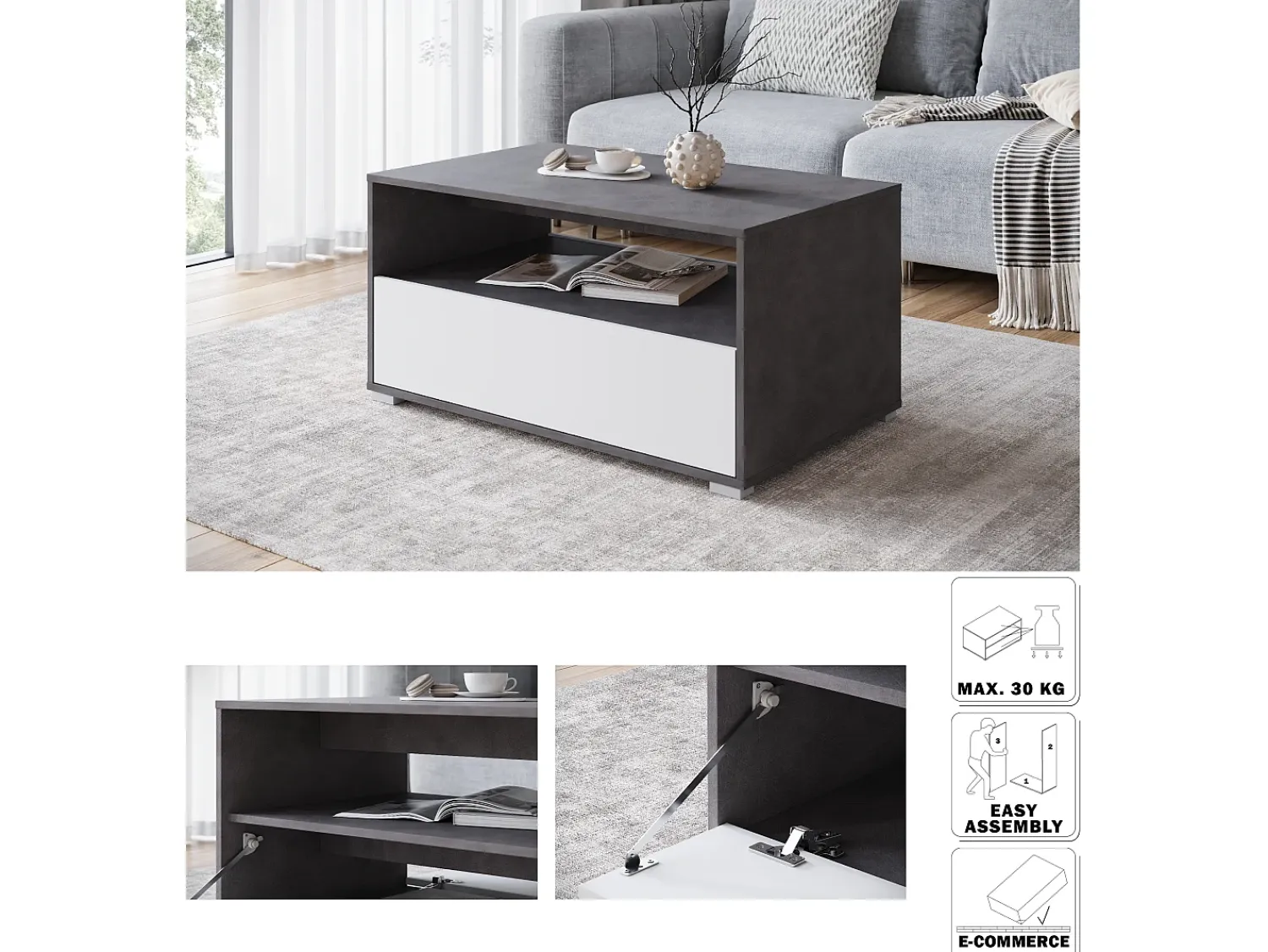 Mesa de centro moderna retangular com prateleira e compartimento, 90 cm, matera, branco^ Mesa De Centro