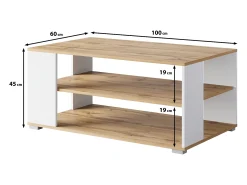 Mesa de centro moderna retangular simples com 2 prateleiras, 100 cm, carvalho wotan, branco mate Preto