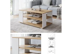 Mesa de centro moderna retangular simples com 2 prateleiras, 100 cm, carvalho wotan, branco mate Preto