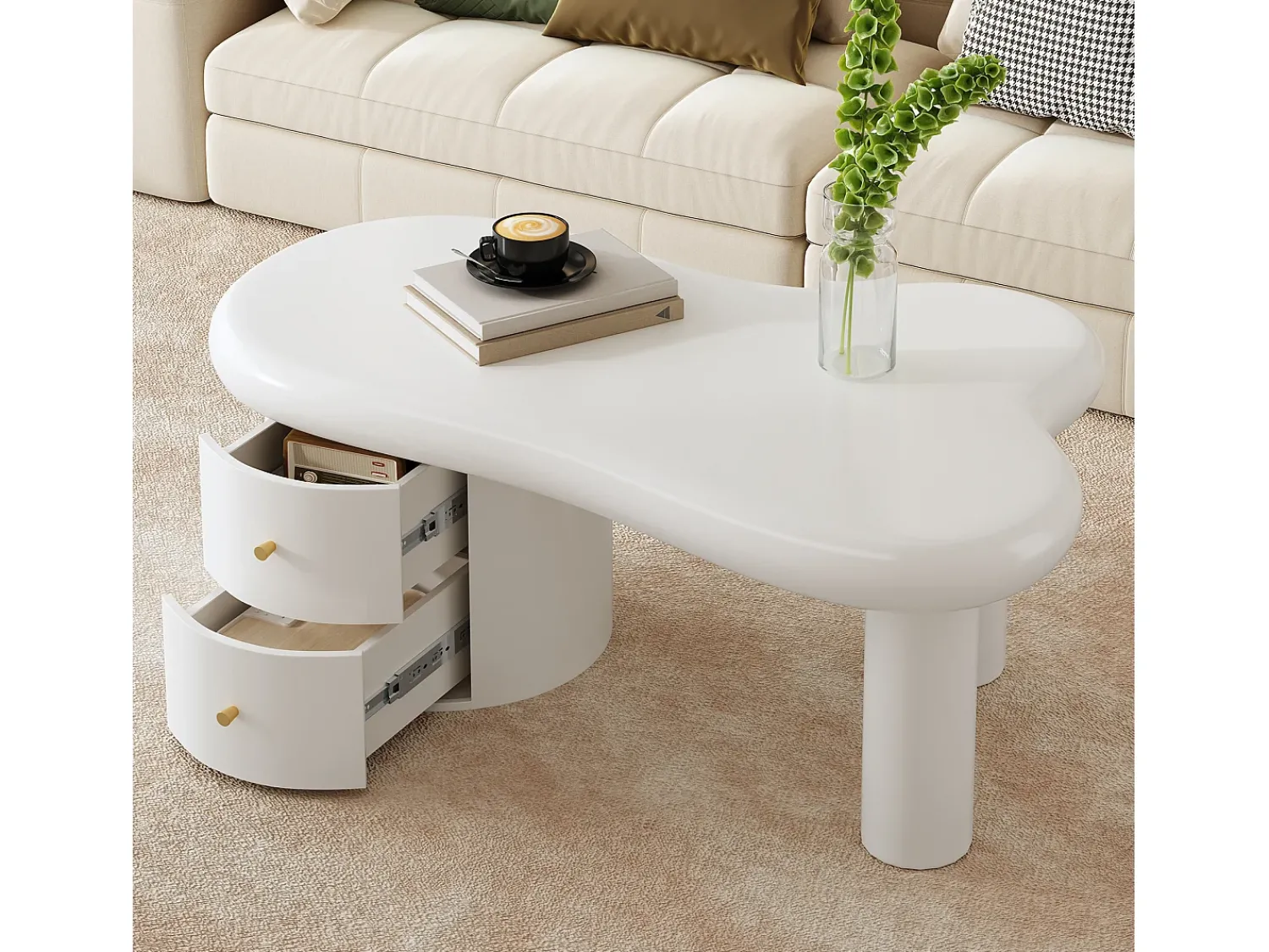 Mesa De Centro|ModernLuxe Mesa de centro moderna 97x64x42cm - forma irregular - 2 gavetas - Branco