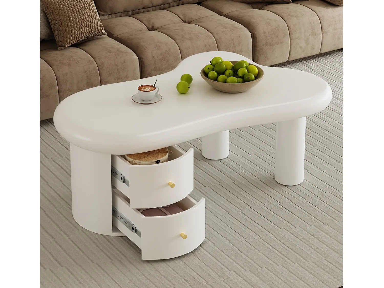 Mesa De Centro|ModernLuxe Mesa de centro moderna 97x64x42cm - forma irregular - 2 gavetas - Branco