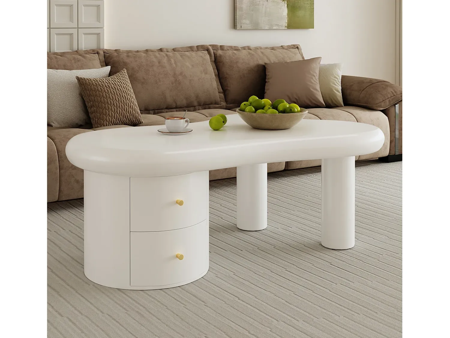 Mesa De Centro|ModernLuxe Mesa de centro moderna 97x64x42cm - forma irregular - 2 gavetas - Branco