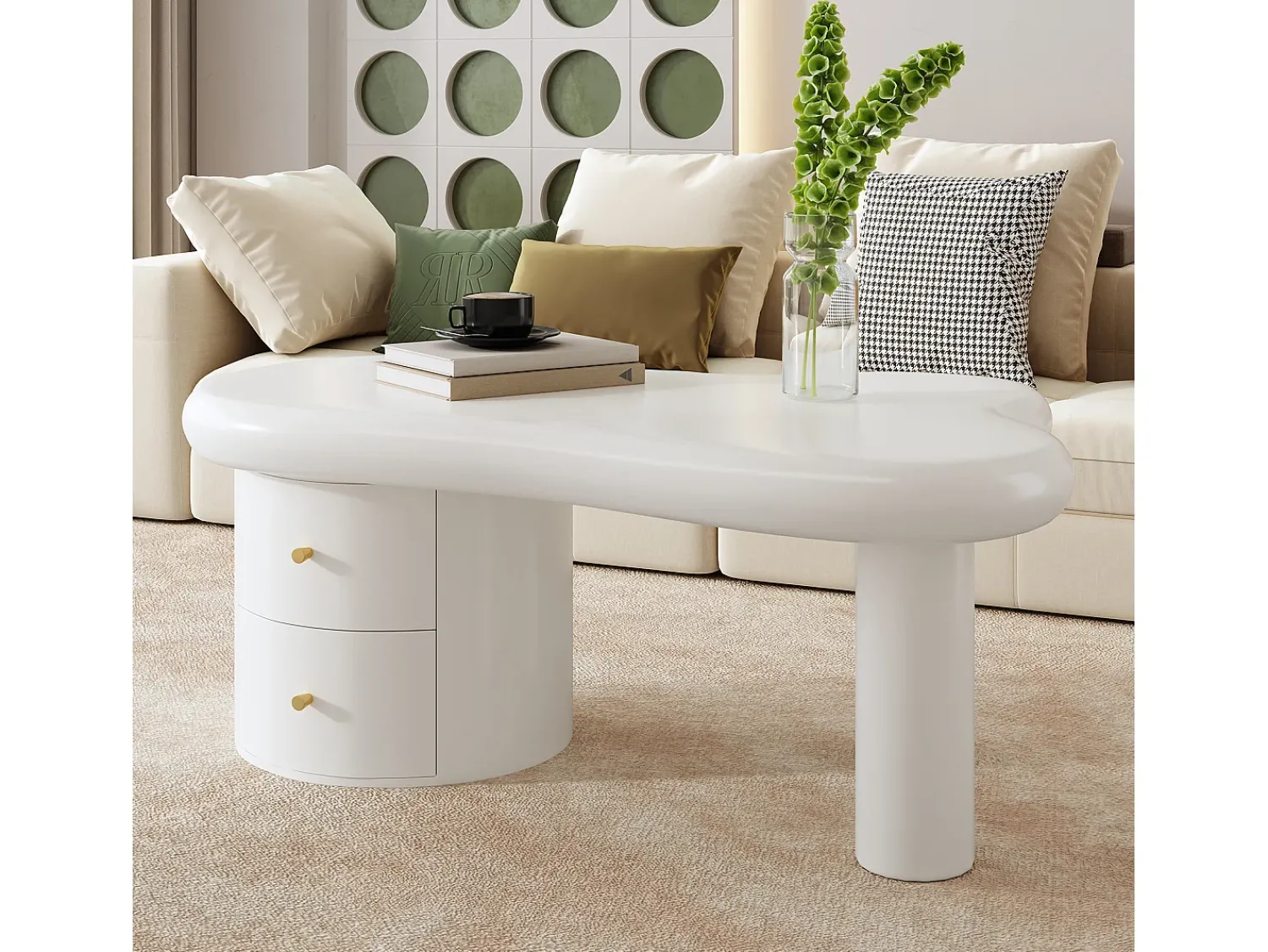 Mesa De Centro|ModernLuxe Mesa de centro moderna 97x64x42cm - forma irregular - 2 gavetas - Branco