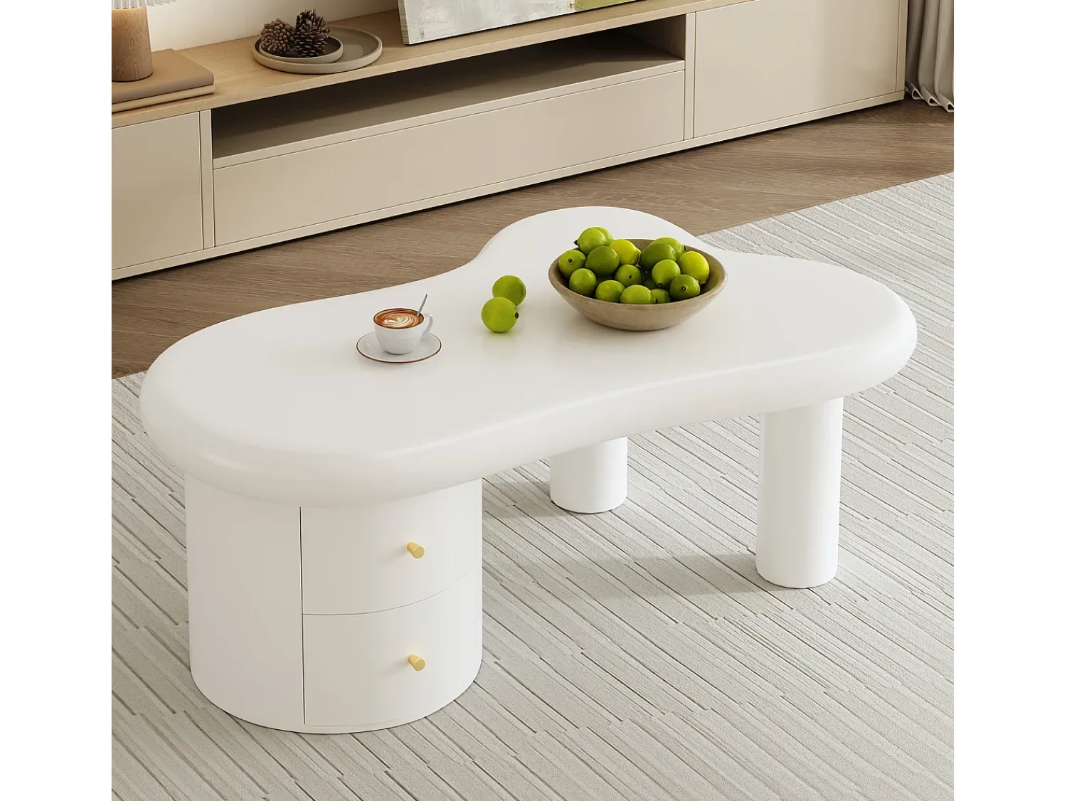 Mesa De Centro|ModernLuxe Mesa de centro moderna 97x64x42cm - forma irregular - 2 gavetas - Branco